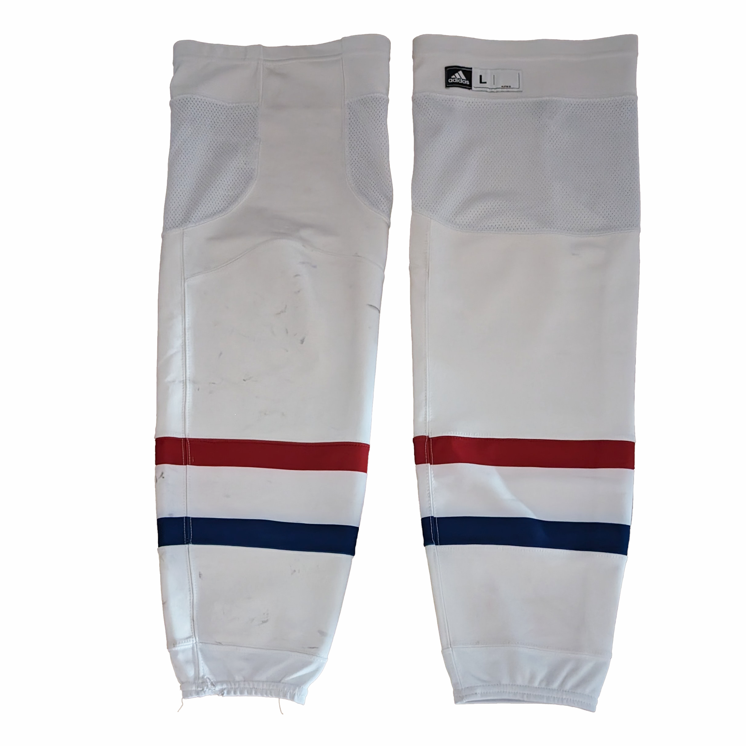 LNH - Chaussettes de hockey Adidas Pro Stock d'occasion - Canadiens de Montréal (blanc/rouge/bleu)